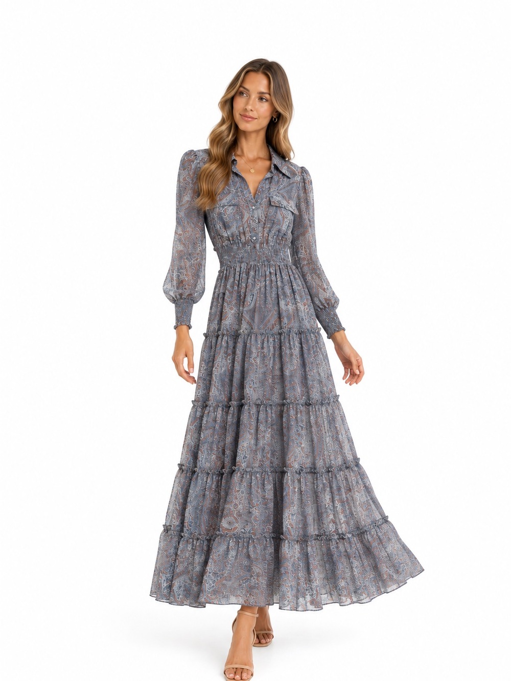 MISA Los Angeles Paisley Tiered Maxi Dress – Blue Multi | Size XS | NWT